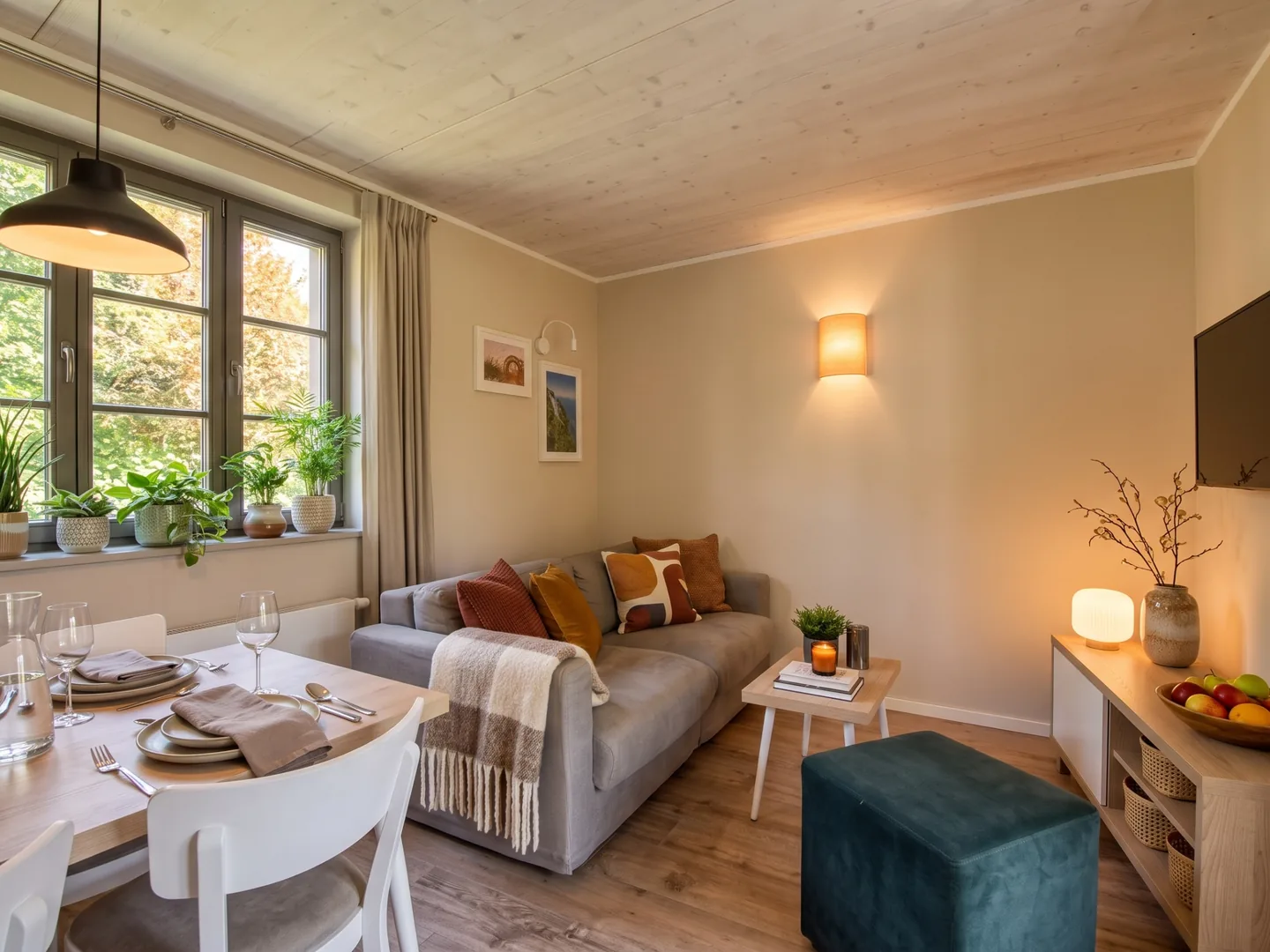 Allgemeine KI: derselbe Raum umgebaut, mit anderem Fenster, gedecktem Tisch und neuen Pflanzen